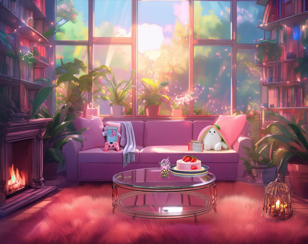 Image of a cozy living room with game consoles, plushies, bubbletea and a strawberry cake.